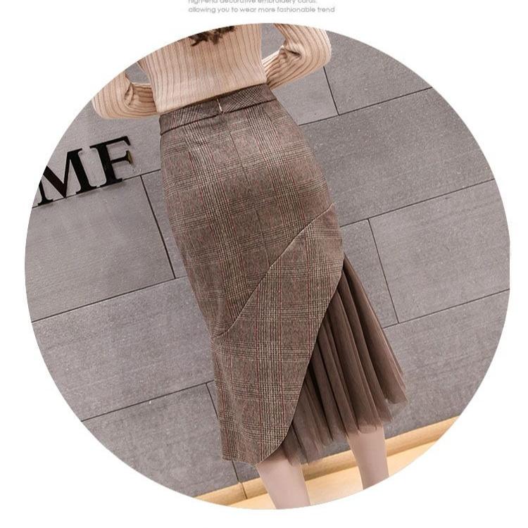 Women High Waist Plaid Bodycon Pencil Skirt Autumn Versatile Fish Tail Midi Skirt