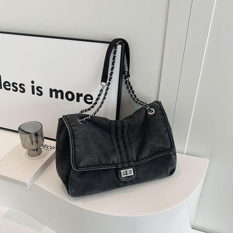 Sac bandoulière décontracté en denim grande capacité pour femme avec chaîne