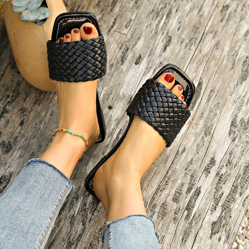 Large Size Flat-bottomed Slippers Women's Outer Wear Casual Simple Solid Color One-word Woven Belt Women's Slippers Slippers