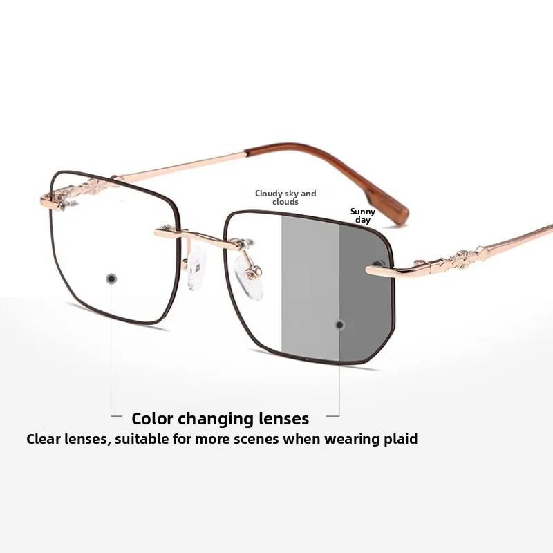 Retro Frameless Photochromic Women'S Myopia Glasses Fashionable And Luxurious Anti Blue Light Myopia Sunscreen Glasses