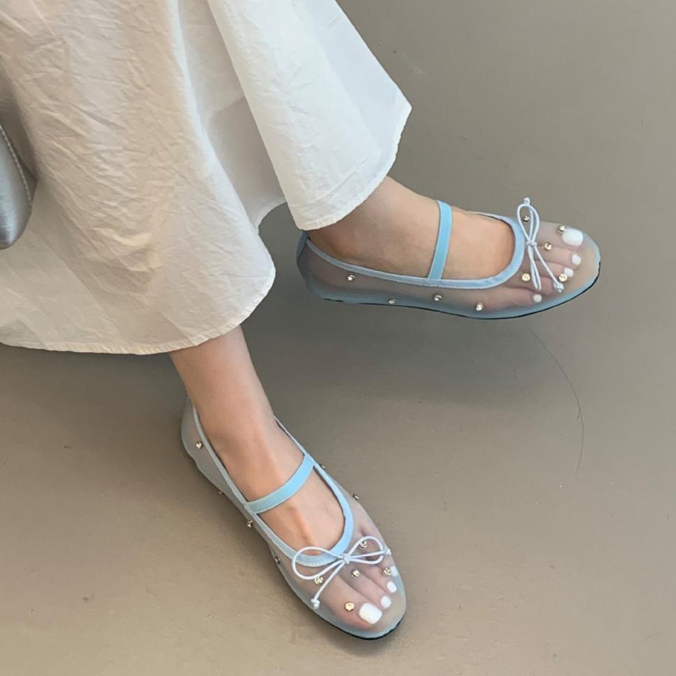Fashion 2025 crystal rivets lace flats women round toe elastic band mary janes shoes bowtie air-mesh ballerina shoes woman mocasines