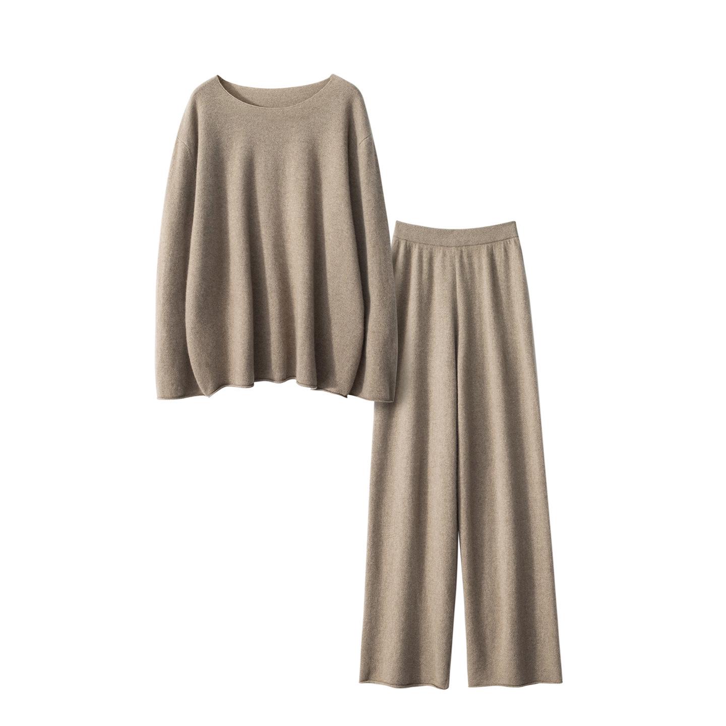 Elegant Off-Shoulder Cashmere Knit Top & Slimming Straight-Leg Pants Set for Women One Size