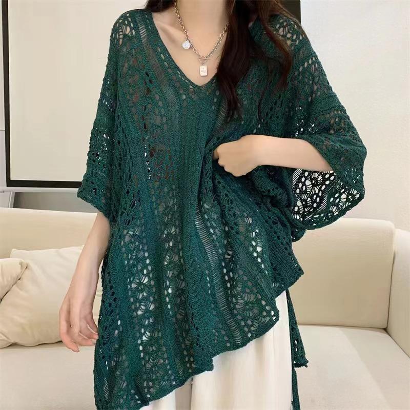 Summer Hollow Out Batwing Sleeve Plus Size Shirts for Women Fashion Solid V-neck Tops Knitted Loose Blouses Women Vintage Simple Lady Shirt New 26591