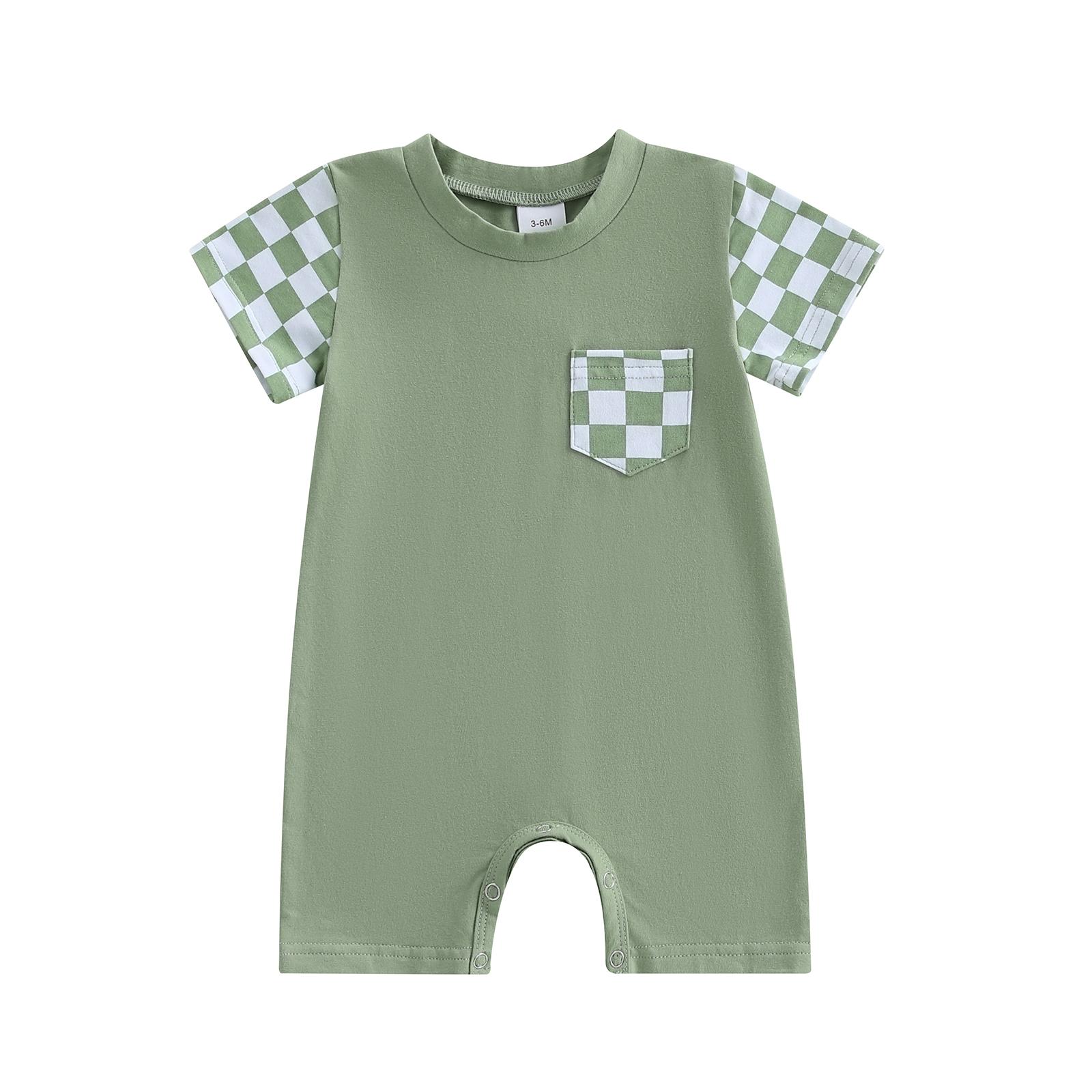 

Детский летний комбинезон с клетчатым принтом в стиле пэчворк с короткими рукавами для новорожденных мальчиков и девочек, милая одежда