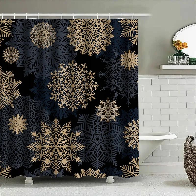

Golden Snowflake Shower Curtain Waterproof Fabric Bathroom Decoration Home Accessories in Black Gold Colorful Patterns W90xH180cm