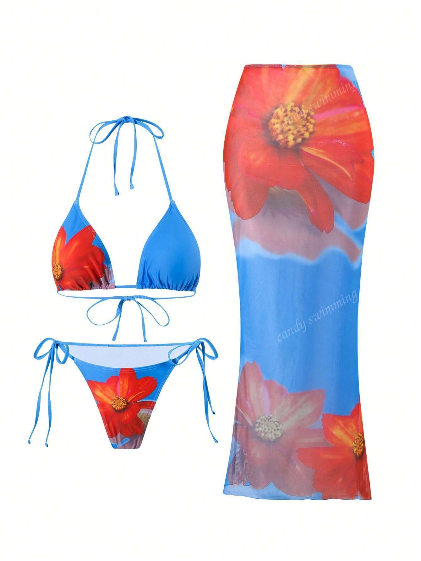 European And American Apron Three-Piece Bikini Retro Printed Long Skirt Swimsuit Women S Swimsuit S небесно-голубой