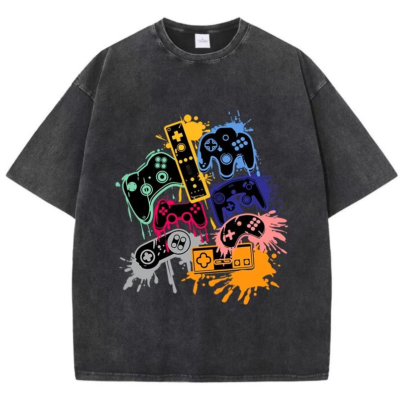 Game Console Graffiti Printing Washed TShirt Cotton T Shirts ONeck Comfortable Distressed Tops Summer Mans Clothes