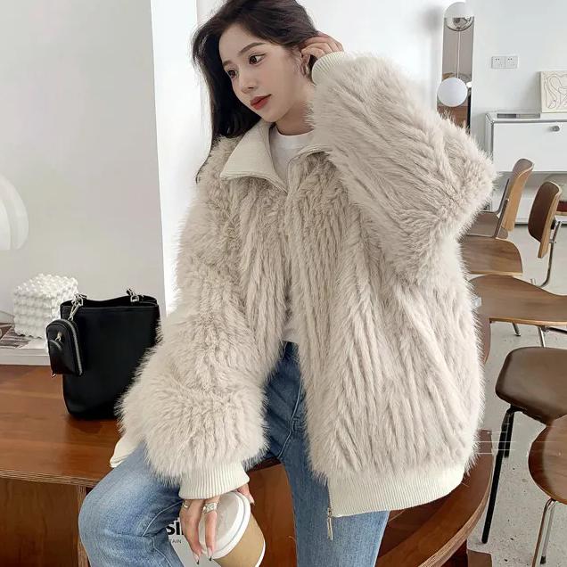 WTEMPO Kunstpelz-Reißverschlussmäntel Damen Herbst und Winter Dick Flauschiger Pelz Warm Locker Umlegekragen Mäntel