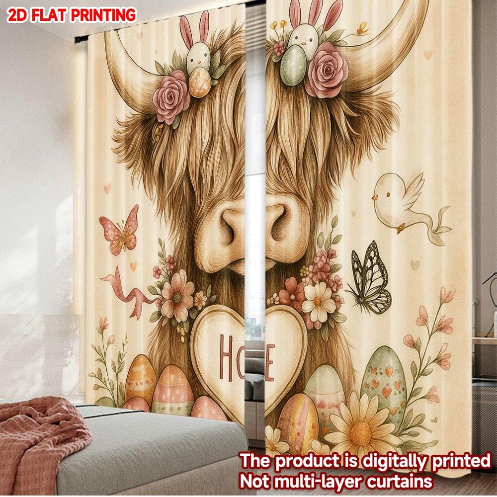 2D Flat Printing 2pcs Scene Curtain Cute Calf and Egg Pattern Digital Printed Polyester Drapes Party Decorations Use for Holiday