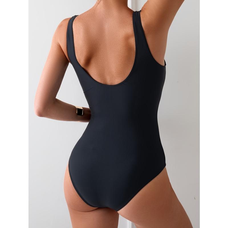 Women'S Black Fitted Jumpsuit with Pleated Texture Design - Features Mesh Decoration on The Shoulder Straps, Elegant And Stylish Swimwear