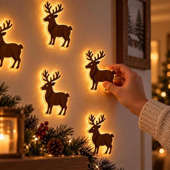 Cozy Winter Home Decorations 7Pcs 3D Light-Up Wooden Reindeer Christmas Decor with Warm LED Backlight, Peel And Silhouette Lights Stick Rustic