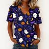 Women Casual Short Sleeve Pullover V Neck Top Halloween Ghost Print Lightweight Comfortable Blouse for Everyday Wear
