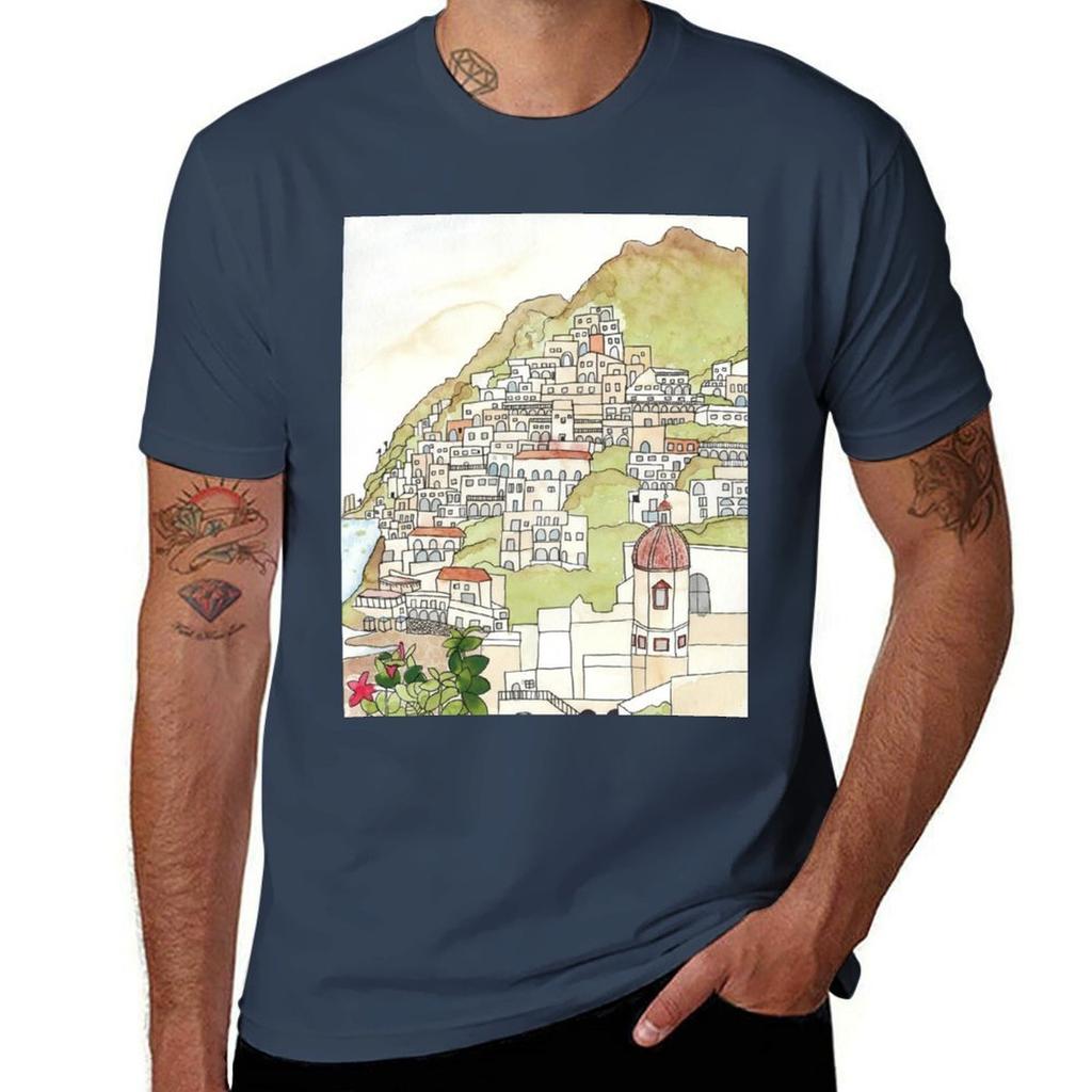 Positano Ink and Watercolor T-Shirt T Shirts Cotton 100% T Shirts for Man Cotton T-Shirt