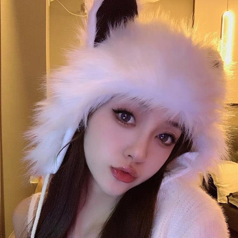 Cartoon Foxes Ear Hat Winter Furry Plush Hats for Women Plush Keep Warm Hats Cold Weather Christmas Gift for Girls