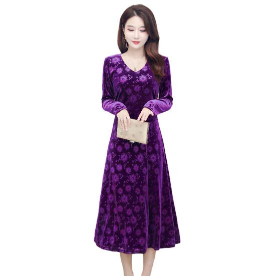 Kadın Sonbahar Kış Elbise V Yaka Kalın A-line Slim Fit Uzun Kollu Vintage Aplike Baskılı Orta buzağı Uzunluğu Bayan Midi Elbise