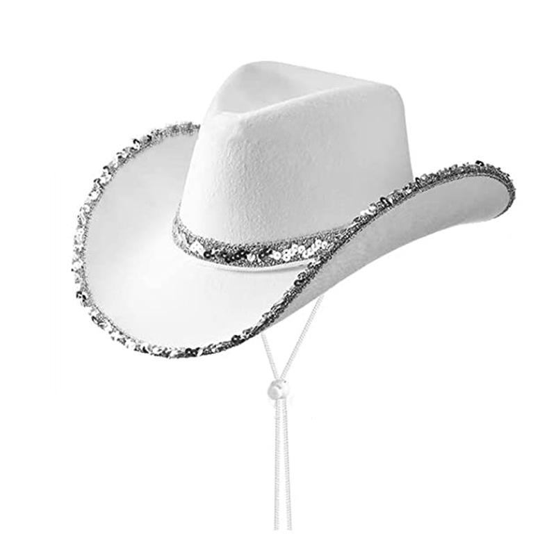 Shiny Sequin Cowboy Hat for Women Men Disco Party Western Jazz Hat Silver Trim Sparkly Cowgirl Hat Clubwear Festival Headwear