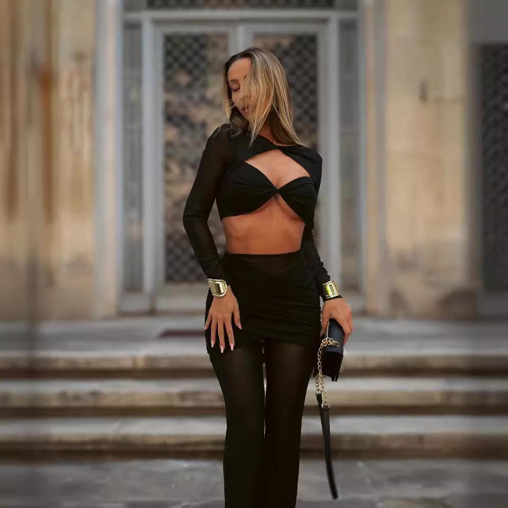 2024 Women's Black Mesh Long Sleeve Twist Two-Piece Casual Suit