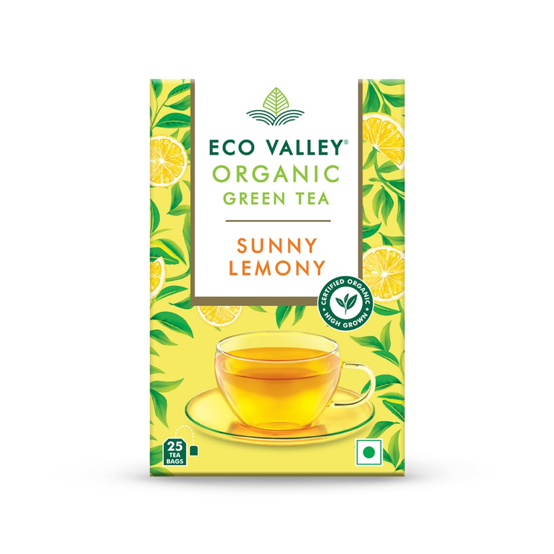 Eco Valley Organic Green Tea | Sunny Lemony | 25 Tea Bags | Grown In Nilgiris | Zero Calories | Rich In Antioxidants | Rich In Vitamin C | 50g Pack
