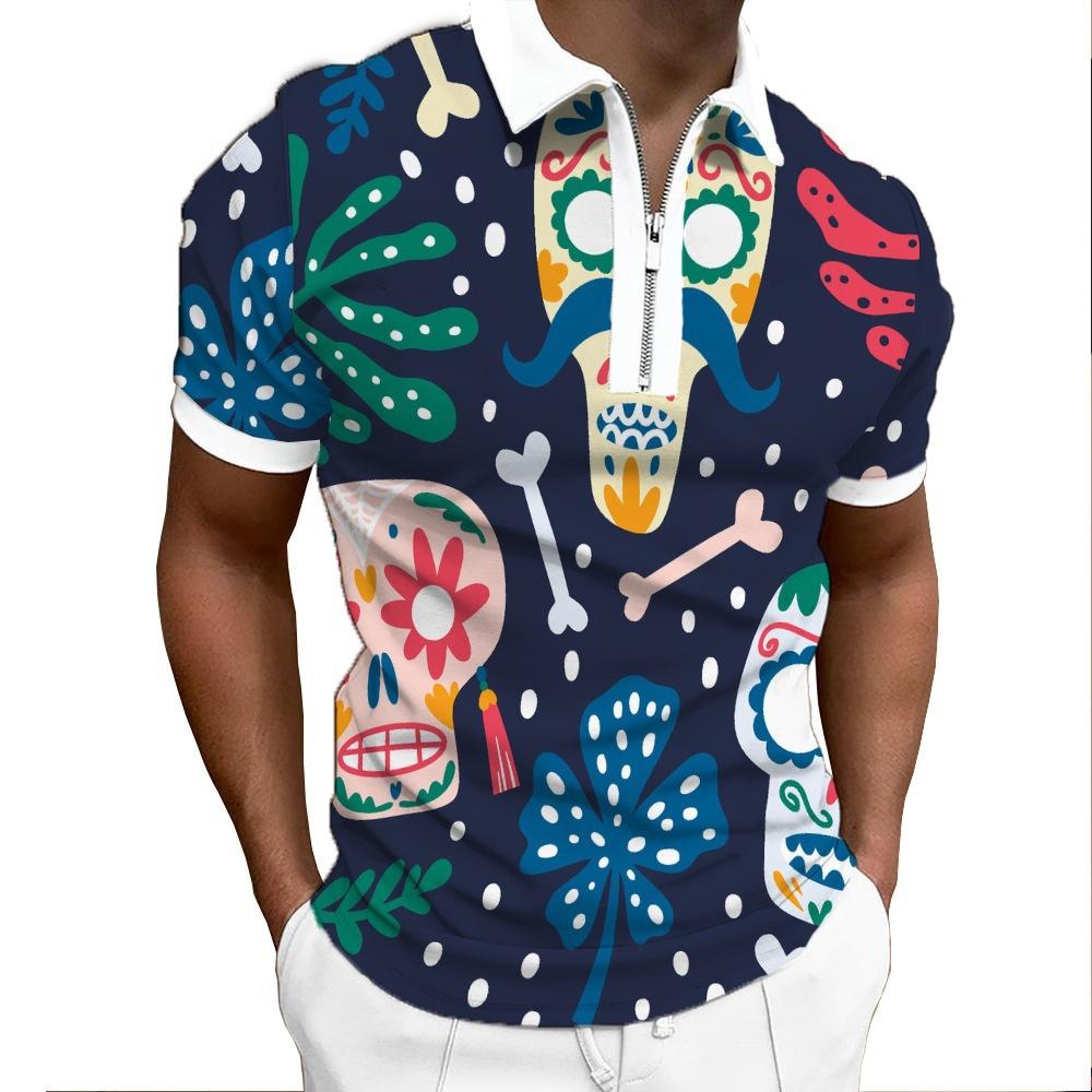 Halloween Themed Short Sleeve Polo, Casual Zip-up with Witch & Pumpkin Prints