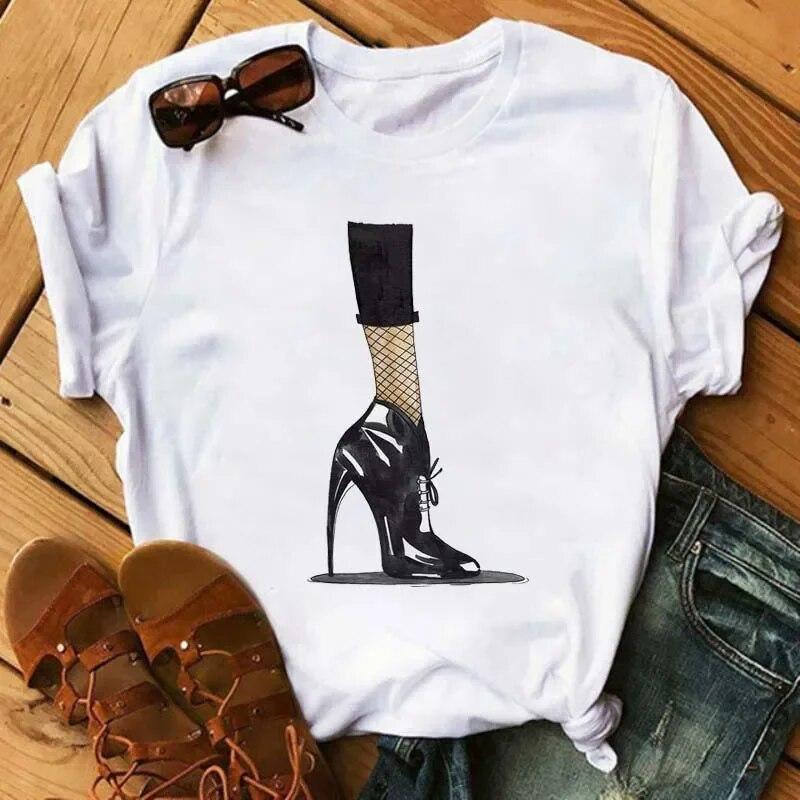 Maycaur Pinke High Heels Blumen Taschendruck T-Shirt Damen Trendy Hipster Harajuk Kawaii Kurzarm Oberteile T-Shirt Femme Kleidung Unisex