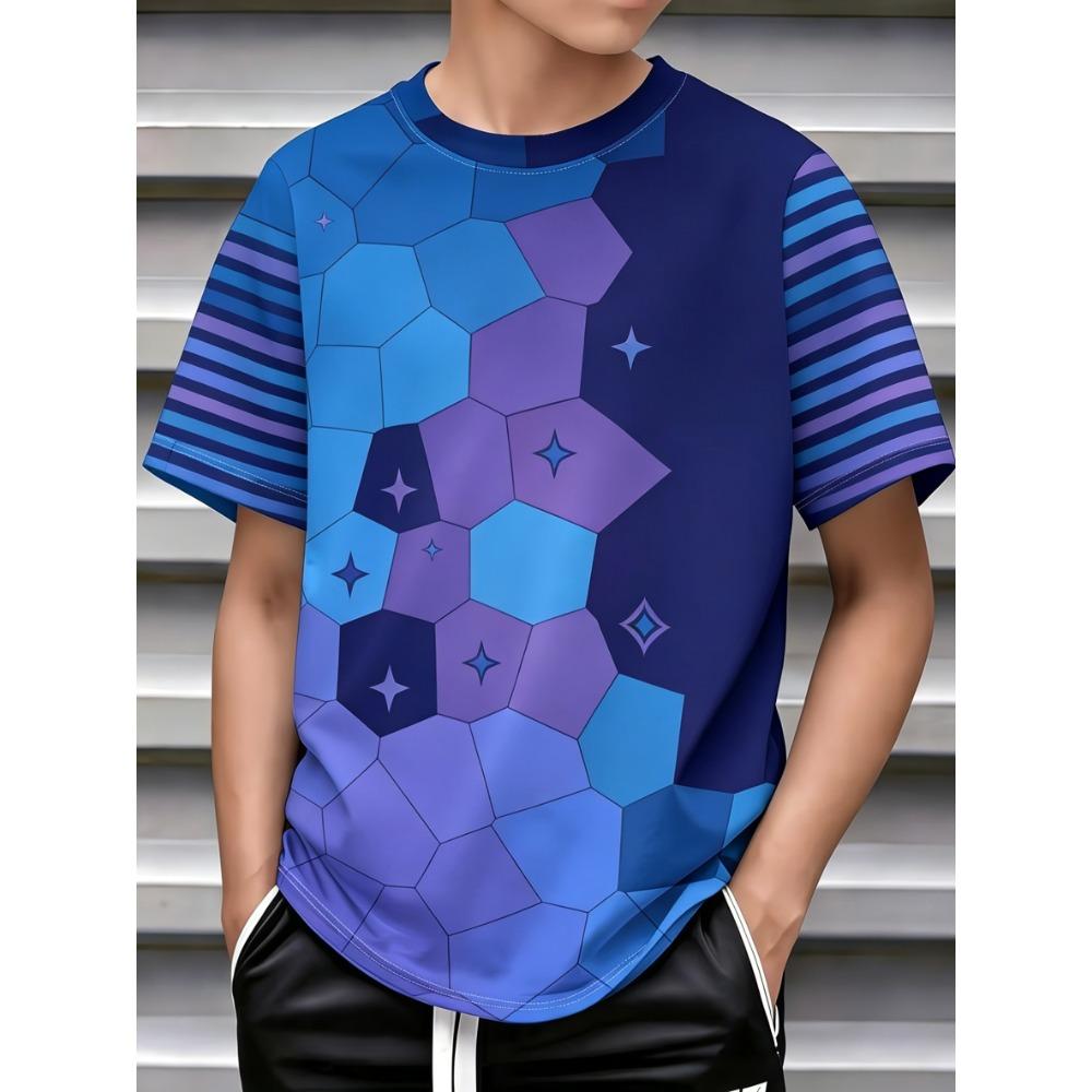 Blue and purple gradient hexagonal star print boys T-shirt, fashionable and casual children s clothing, 100