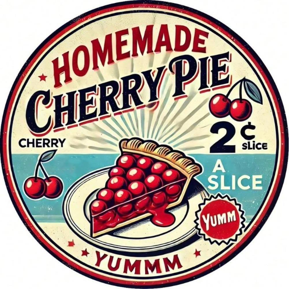 Vintage Cherry Pie Metal Tin Sign Round Aluminum Wall Art Kitchen Decor