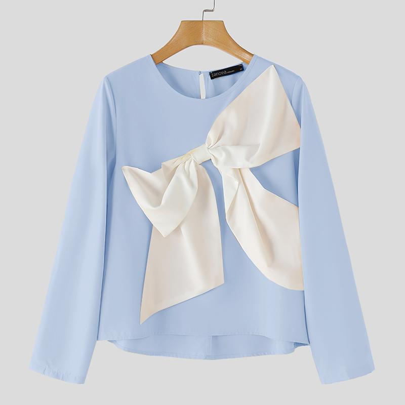 

ZANZEA Женская повседневная блузка с бантиками, пэчворком и длинными рукавами, свободного кроя M синий