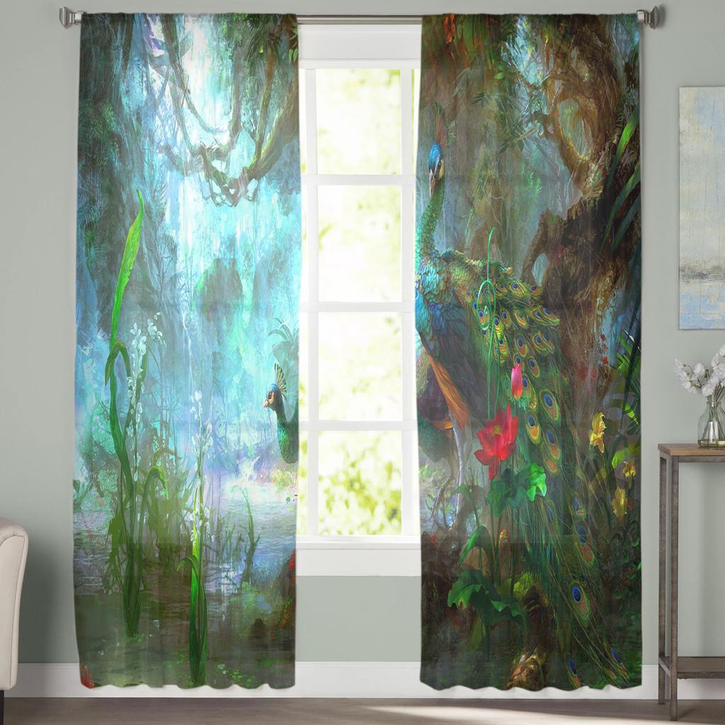 Animal Peacock Forest Stone Tulle Sheer Window Curtains for Living Room Bedroom Modern Tulle Voile Curtains Drapes Decoration