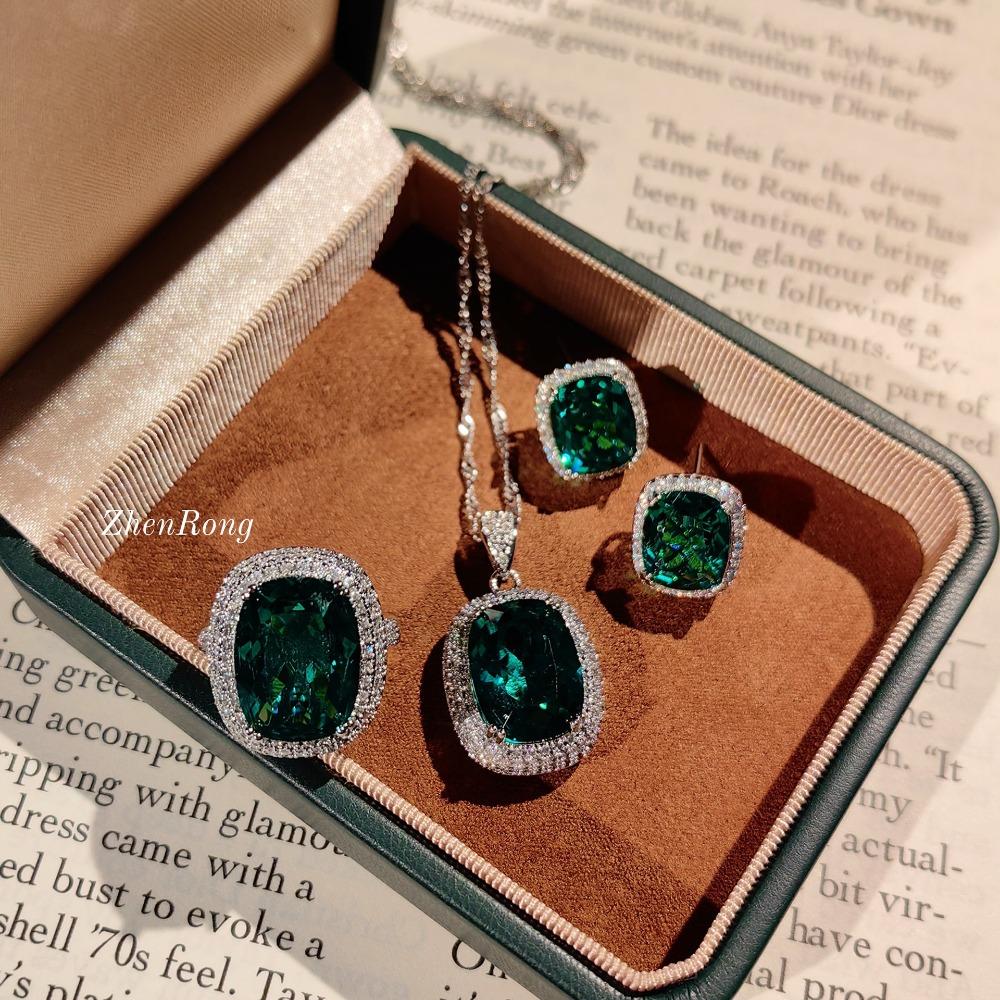 Elegant Women Jewelry Set with Emerald Pendant Necklace Rectangular Green Diamond Earrings Adjustable Ring