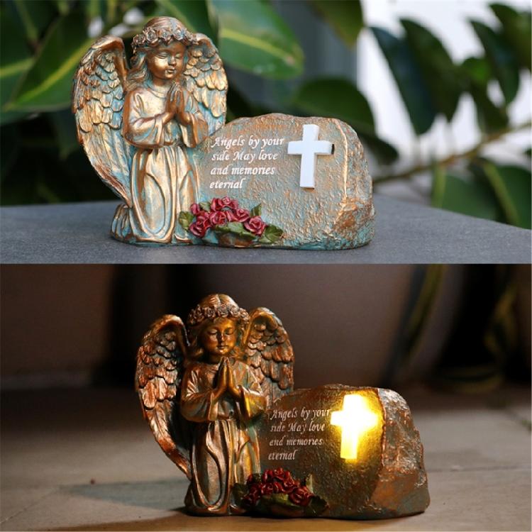 Resin Praying Angel Garden Statue With Solar Lighted Crosses Outdoor Waterproof Sculpture Grave Lamp for Patios Cemetery