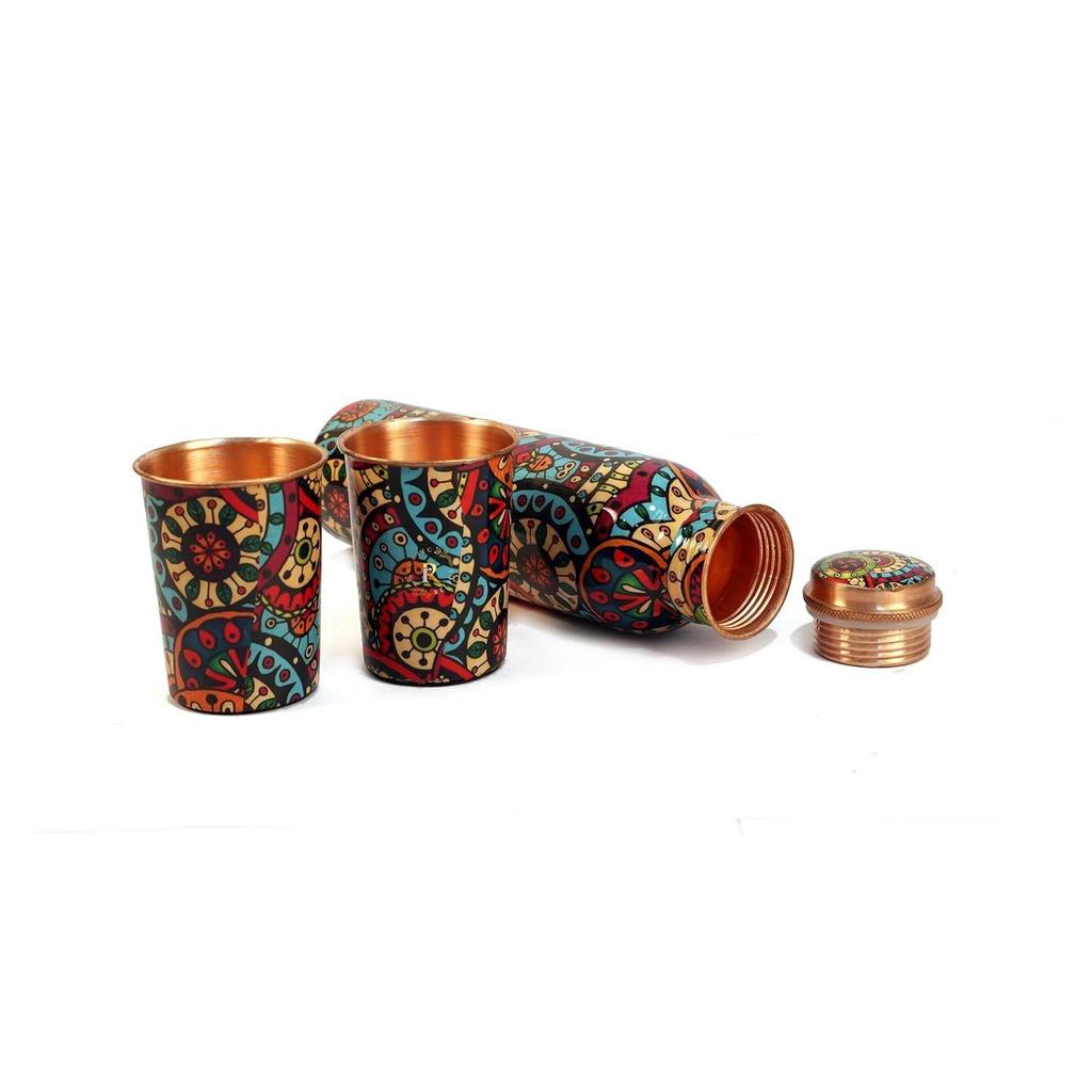Pure Copper Water Bottle 1L With 2 Glass Set Hand Made | With Meena Mandala Print - A Fusion of Tradition and Style