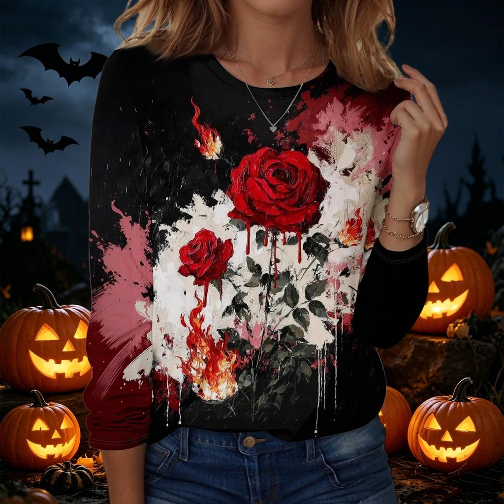 Women's Long Sleeve Pullover Sweatshirt Halloween Print Round Neck Casual Top Lightweight Comfortable Fit