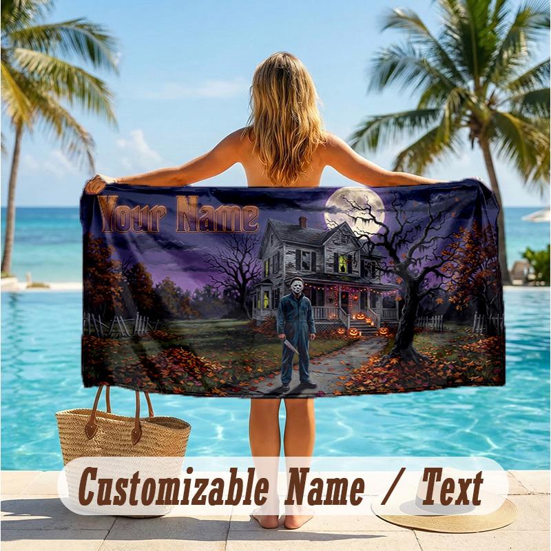 Custom Text Beach Towel, Soft Absorbent Swimming Multi-use TowelHalloween Michael Myers