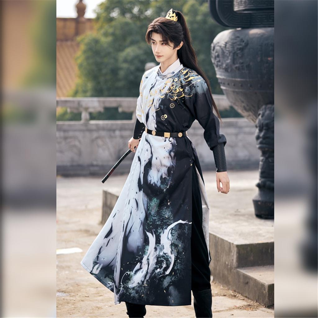 Chinese Tang Dynasty Style Round Neck Robe And Hanfu Daily Printed Suit For Handsome Male And Female Knights