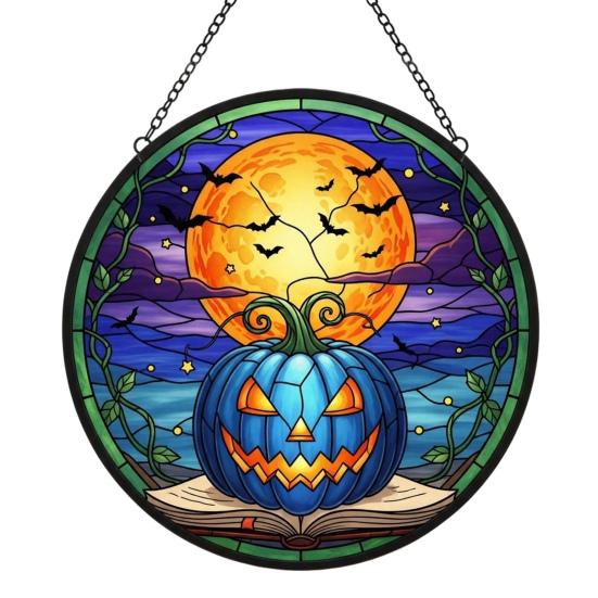 Stained Glass Style Acrylic Suncatchers Halloween Pumpkin Suncatcher, Round Window Hanging Ornament, Mysterious Holiday Theme Wall Displays Full Moon