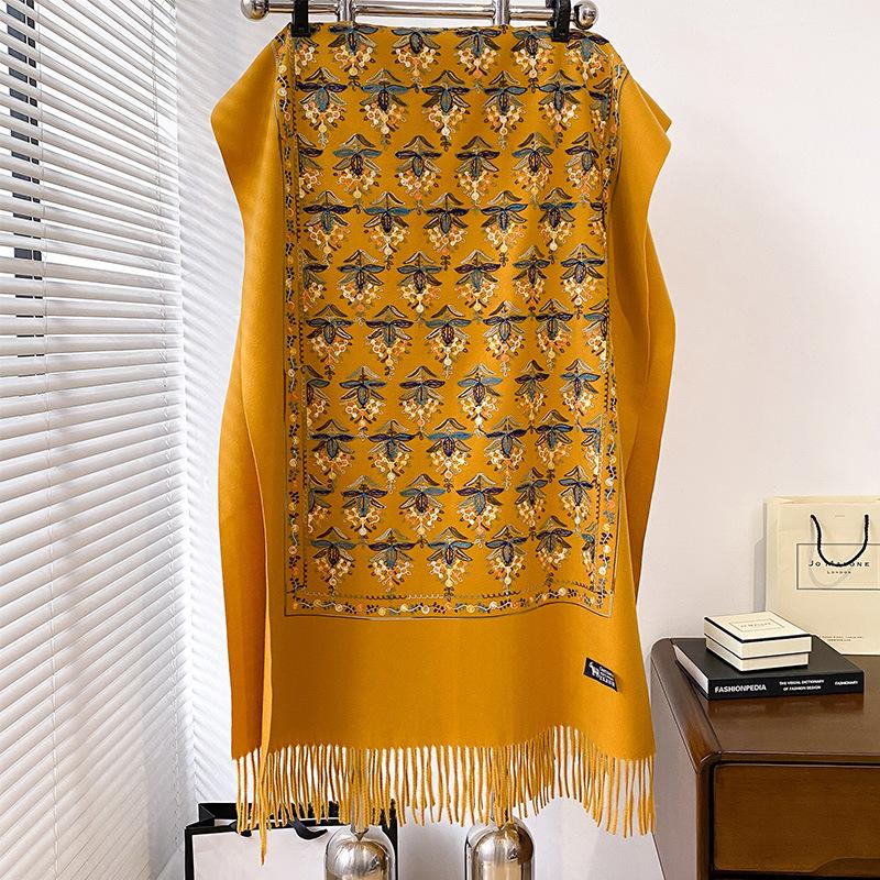Winter Warm Cashmere Scarf for Women Floral Embroidery Pashmina Blanket Thick Shawl Wrap Neckerchief Elegant Poncho Bufanda