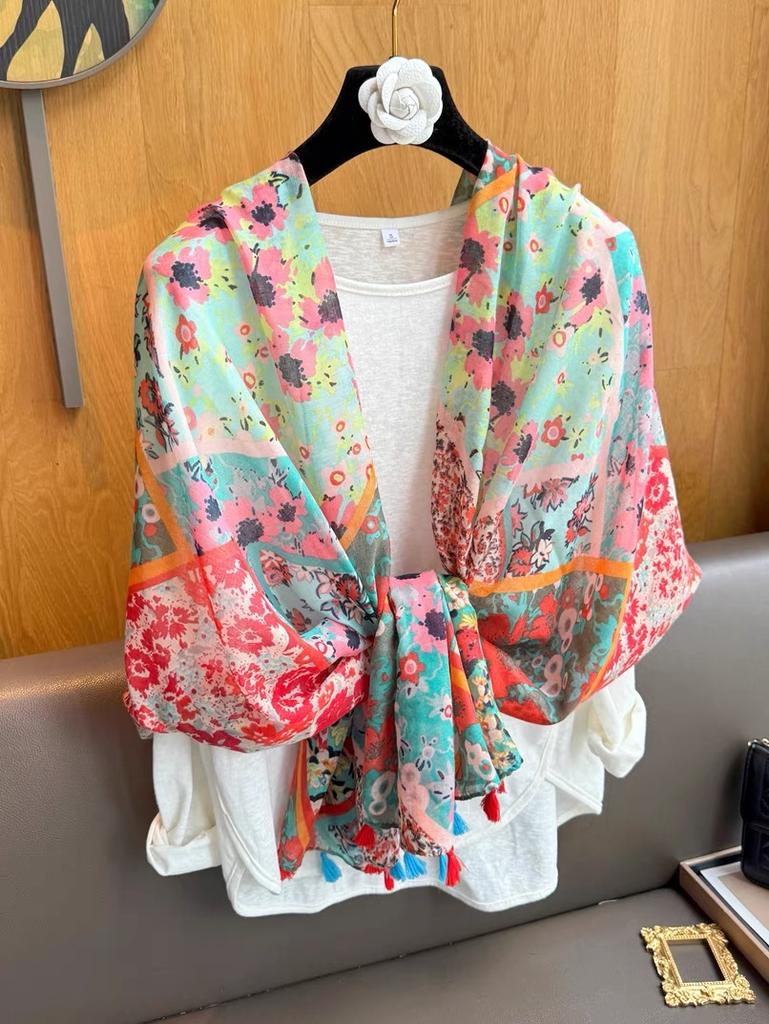 Women'S Floral Print Scarf 180X90Cm Warm Fashion Shawl With Tassels Lightweight Rectangular Sand-Proof Beach Wrap Muslim Hijab