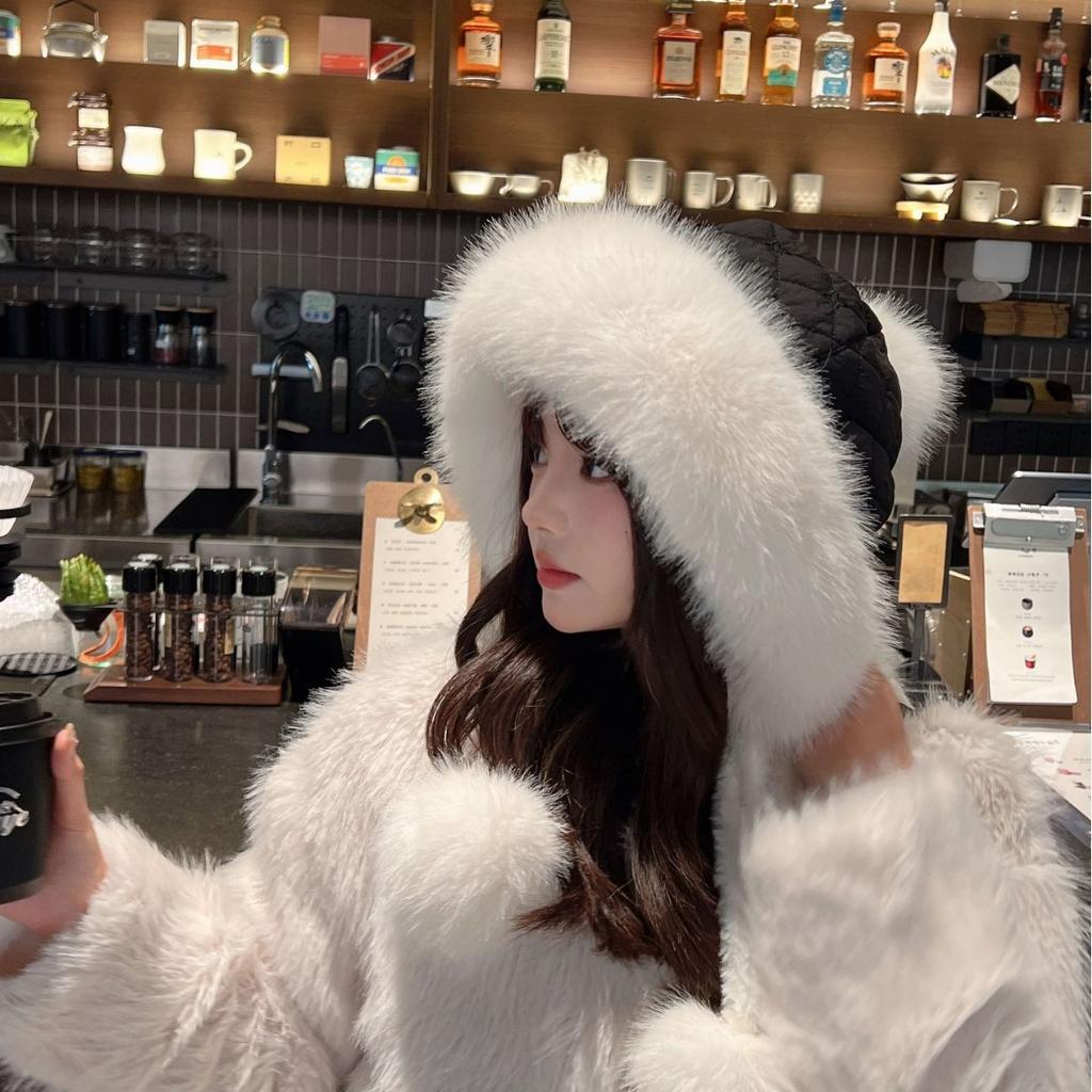 Women's Warm Down Ear Protection Hat Plus Velvet Thickened Cotton Hat Cold  Proof Hat Plush Cute Face Showing Little Lei Feng Hat