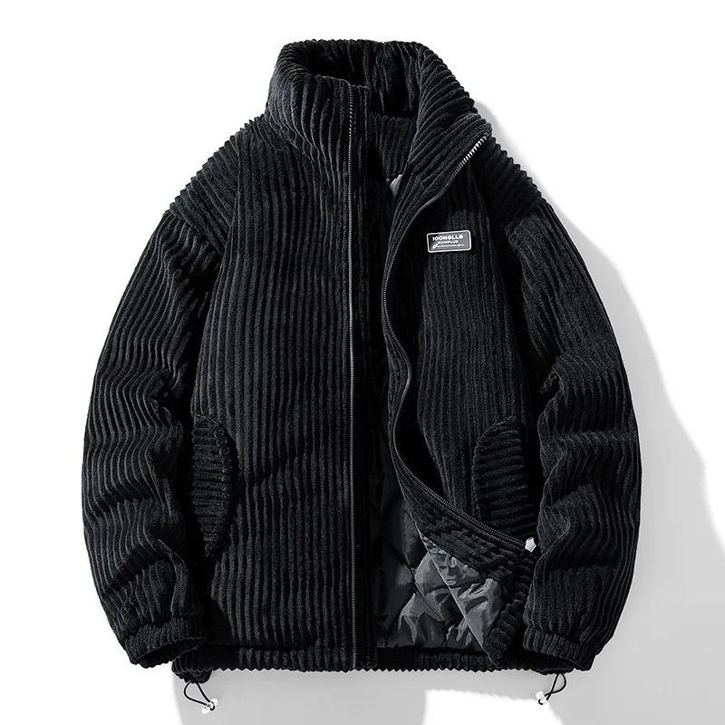 Winter Fashion Casual Parkas Men Stand Collar Solid Color Outerwear Corduroy Thicken Warm Jacket Padded Jacket
