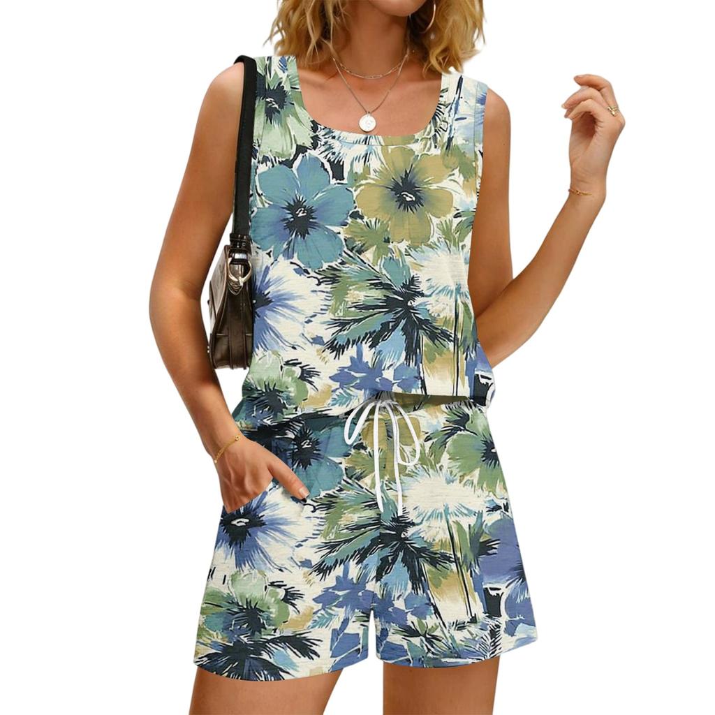 Women's 2 Piece Summer Casual Floral Print Square Neck Tank Top and Pants Set with Pockets