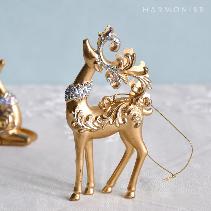 Golden Deer Ornaments Set of 2 Christmas Tree Decorations Reindeer Gold Stylish Cute Sparkly