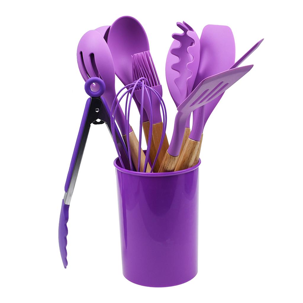 12 piece wooden handle silicone kitchenware set for simple kitchen style cooking with storage bucket and boxed kitchenware set