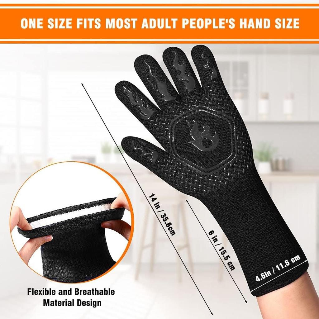 HAMITOR BBQ Grill Gloves Heat Resistant: 1472℉ High Temp Resistance Fireproof Glove for Grilling Smoking Barbecue - Washable Long Oven Mitts