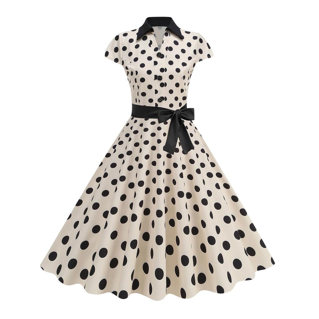 Women's Fashionable Retro Standing Collar Printed Spliced Large Swing Lace Dress