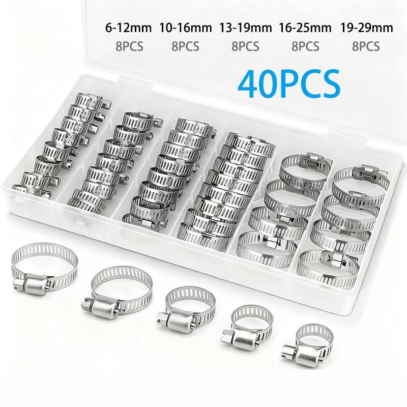 40-Piece Adjustable Worm Gear Hose Clamp Set Silver Twist Lock