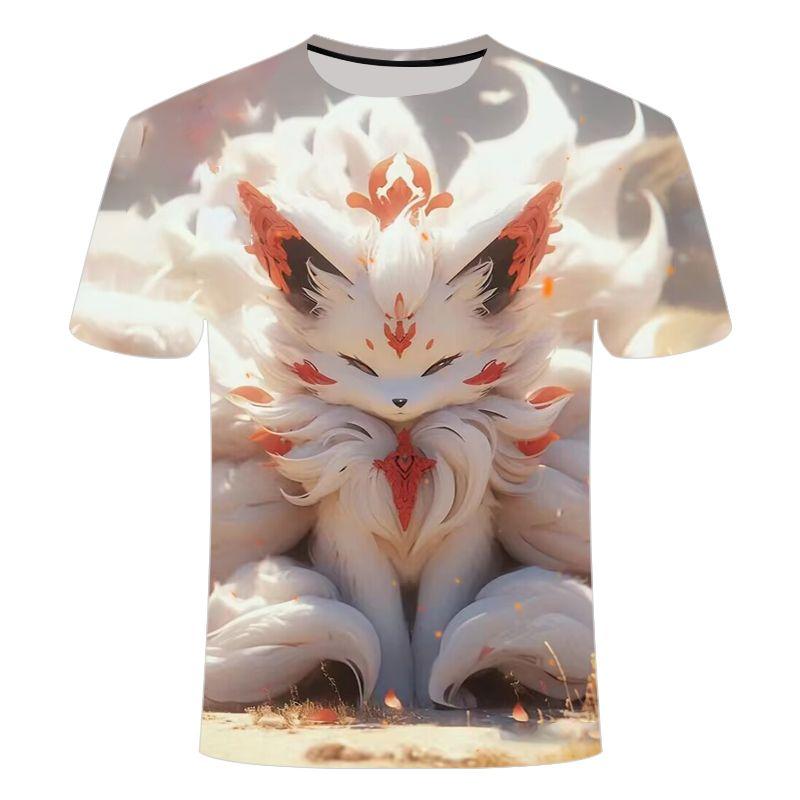 Letní novinka 2024 Pánské a dámské triko s kulatým výstřihem a krátkým rukávem s 3D potištěným vzorem Nine Tailed Fox