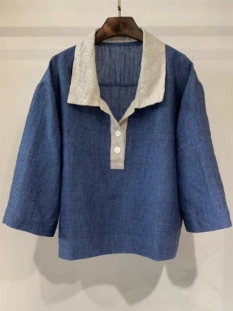 

Johnature Женская футболка с лоскутным узором, отложным воротником, рукавом семь восьмых, летняя, повседневная, на пуговицах One Size синий