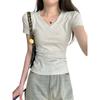 Front Shoulder Short-sleeved T-shirt Women's New Summer Basic Slim-fitting and Thin American Flower Gray V-neck Top