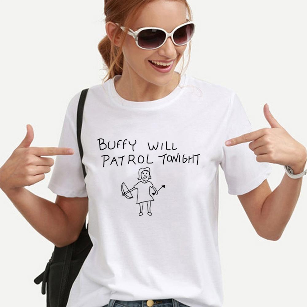

Футболка Buffy Will Patrol Tonight Футболка Buffy Рубашка Sunnydale High School Рубашки женские с графическим принтом Футболки с коротким рукавом Повседневная женская одежда L белый