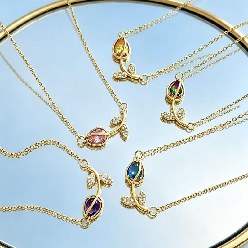 Elegant Stainless Steel Tulip Necklace Glittering Colorful Crystal Charm Jewelry for Women Engagement Event Wear